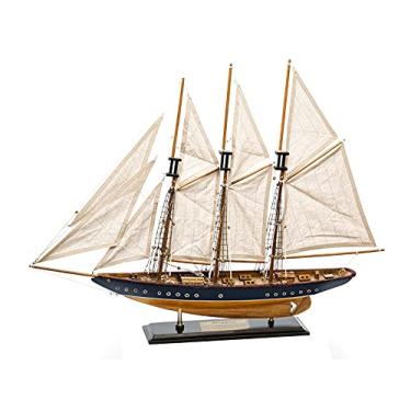 Imagem de SAILINGSTORY Modelo de barco à vela de madeira, decoração de barco à vela com três mastros Gaff-Rigged Schooner Atlântico Modelo 1:50 Réplica de acabamento envelhecido azul-marinho e mel