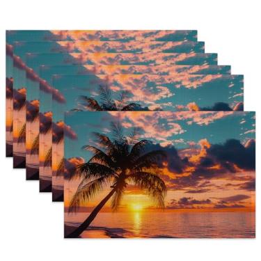 Imagem de Jogo americano de mesa de palmeira tropical, conjunto de 6, jogo americano antiderrapante de tecido de praia de verão para sala de jantar, cozinha, festa, férias, tapetes de mesa de pano para