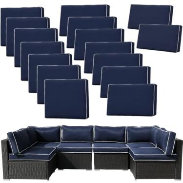 Imagem de FKSLIFE Conjunto de 14 capas de almofadas de substituição para sofá ao ar livre à prova de respingos com zíperes, apenas capa protetora de móveis de pátio (azul + branco, 23,6 × 23,6 × 3,89 cm)