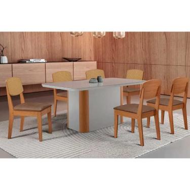 Imagem de Sala Jantar Mesa Pietá Tampo c/ Vidro Curvo 180cm+6 Cadeiras Havana Naturale/Off White - Corano Capuccino - Rufato