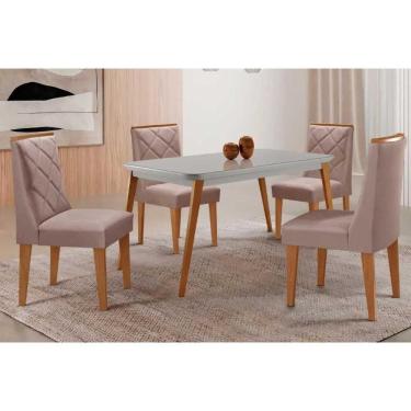 Imagem de Sala Jantar Mesa Havana Tampo c/ Vidro Curvo 120cm+4 Cadeiras Pietá Madeira Naturale/Off White - Capuccino/Linho Capuccino - Rufato