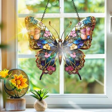 Imagem de Acrílico colorido, apanhador de sol, decoração de janela pendurada com borboleta, arte de parede de arco-íris, para varanda, interior e exterior, jardim, enfeites de Natal, decoração 19 x 19 cm CH#49