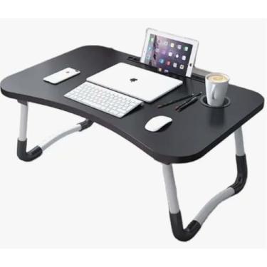 Imagem de Mesa Notebook Multiuso, Madeira com Pés em Metal, 60x40x28cm, Preto e Branco, Mesa Portátil para Trabalho, Estudo e Lazer