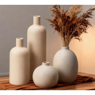 Imagem de Conjunto de 4 vasos de cerâmica, vasos clássicos bege branco fosco, decoração de casa para prateleira de mesa, escritório, centro de mesa, decoração