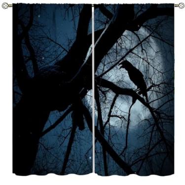 Imagem de Cortinas de corvo gótico, floresta escura, lua, árvore, pássaros pretos, tratamentos de janela de corvo, para quarto, sala de estar, cozinha, terror, Halloween, conjunto de 2 painéis, tamanho total