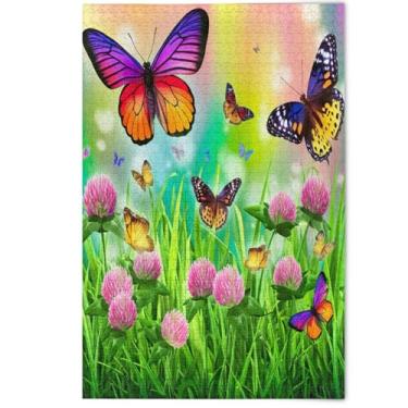 Imagem de Quebra-cabeça floral verde com borboletas coloridas, 500 peças, estética para adultos, decoração de casa, arte paisagem, quebra-cabeças divertidos, bobos, 500 peças, 52 x 37,8 cm