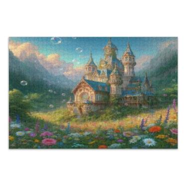 Imagem de Castelo de fantasia cercado de flores quebra-cabeças 500 peças para adultos, quebra-cabeças adultos com letras nas costas