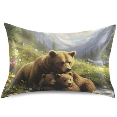 Imagem de Capa de almofada de cetim com paisagem de paisagem com pintura de urso, capas de travesseiro coloridas para cama king queen padrão, presentes de vida saudável, tamanho king, 101,6 cm x 50,8 cm