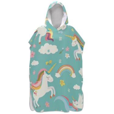 Imagem de Joisal Poncho de surf de secagem rápida para mudança de roupão adulto toalha de banho com capuz bonito desenho animado unicórnio verde ponchos de praia para homens