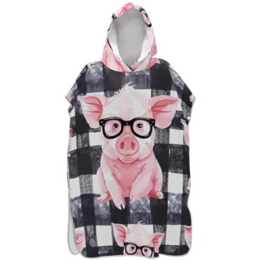 Imagem de Joisal Poncho de surfe para adultos trocador de roupas de banho de praia com capuz absorventes fofo porco xadrez rosa unissex poncho adulto com capuz
