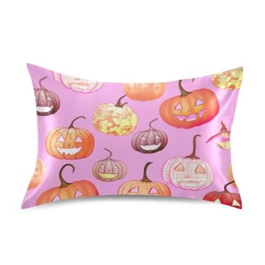 Imagem de Fronhas de cetim floral refrescante arte impressão King Queen padrão capas de travesseiro capa de travesseiro de cama tamanho queen 76.2 cm x 50.8 cm abóboras coloridas rosa Halloween