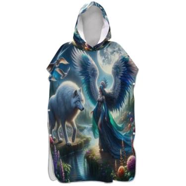 Imagem de Joisal Poncho de surfe trocador para toalha de banho com capuz de praia reutilizável lobo pássaro fada unissex poncho adulto com capuz