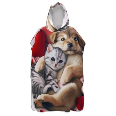 Imagem de Poncho de surfe para adultos trocador com capuz toalha de banho bonito plus size ponchos de praia para homens cachorro fofo gato dia dos namorados