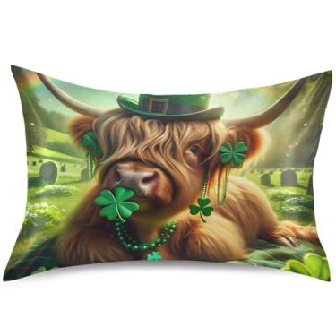 Imagem de Capa de almofada de cetim Highland Cow St Patrick Capas de almofada de resfriamento King Queen Padrão Estampa Floral Presentes da Moda Roupa de cama, King Size, 101,6 cm x 50,8 cm