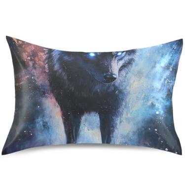 Imagem de Capa de almofada padrão de cetim com pintura a óleo de lobo Queen King capa de travesseiro macia para cama macia, tamanho padrão, 66 cm x 50 cm