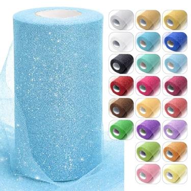 Imagem de Rolos de tecido de tule azul claro com glitter, 15,8 cm x 50 m, fita de carretel cintilante, rede de lantejoulas para decoração de tutu faça você mesmo, decoração de casamento, chá de bebê, festa de