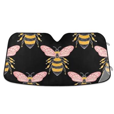 Imagem de Papel de parede bonito personalizado abelhas sombra de sol preto para pára-brisa de carro retrátil dobrável acessórios de carro para-brisa proteção para-sol M, 139.7 cm x 70.1 cm