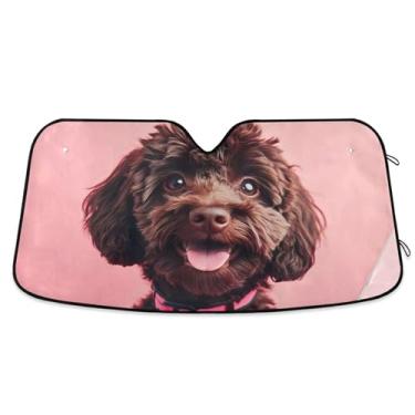 Imagem de Guarda-sol sorridente de Poodle marrom feliz personalizado para para-brisa de carro bonito universal dobrável para-brisa frontal impressão animal automotivo L, 144,8 cm x 80 cm