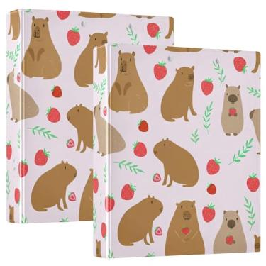 Imagem de Fichários fofos capivaras rosa morango de 3 cm com 3 anéis para guardar 200 folhas, pastas divertidas para cadernos, fichário de receitas de anel redondo, 31,5 x 27 x 6 cm, 1 pacote