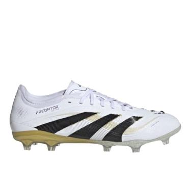 Imagem de adidas Tênis de futebol Predator Pro Firm Ground – Tênis unissex com barbatanas de borracha aderente para melhor controle de bola, Branco/Core Black/Gold Metallic, 12 Women/11 Men