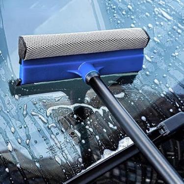 Imagem de Rodo Limpador de Vidros 2 em 1 com Lavador e Cabo Extensor, Alumínio, 20cm, Azul, com Refil de Borracha e Luva de Lã