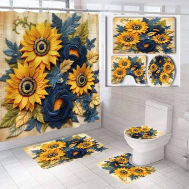 Imagem de Conjunto de cortinas de chuveiro para decoração de banheiro à prova d`água de girassol