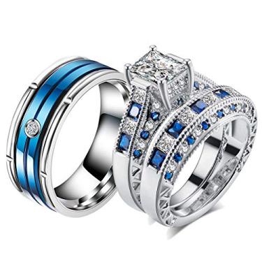 Imagem de ringheart 2 anéis para ele e ela, anéis de casal, branco e azul, conjunto de alianças de casamento femininas de aço de titânio, women size6 & men size13, Metal Cristal Metal Cristal strass, Zircônia