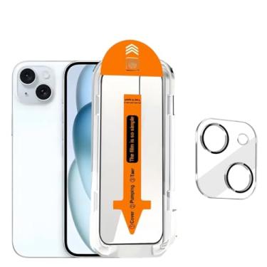 Imagem de Pacote com 1+1 para iPhone 15 Plus 6,7 polegadas, protetor de tela de vidro temperado com protetor de lente de câmera, kit de instalação premium mais fácil, sem bolhas, compatível com capas, dureza 9H