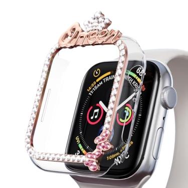 Imagem de AKABEILA Compatível com Apple Watch 4/5/6/SE 40 mm, capa protetora feminina Gils Glitter diamante strass bumper para iWatch Smartwatch acessórios coroa - ouro rosa