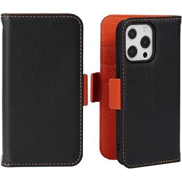 Imagem de CYSUE Capa carteira para iPhone 13 Pro Max/13 Pro/13/13 Mini, capa flip de couro de vaca premium com suporte de cartão capa de notebook flip magnética (cor: preto, tamanho: 13 6,1 polegadas)