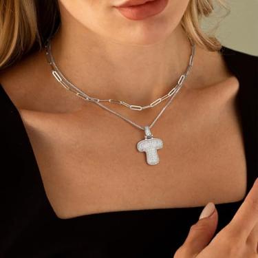 Imagem de Colar feminino com pingente de inicial em camadas de prata com strass grosso com balão de bolha letra A-Z, gargantilha personalizada, corrente de clipe de papel, joia feminina, aniversário, Natal, Dia