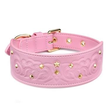 Imagem de Blueberry Pet Coleira de couro de microfibra glam rosa em relevo premium com tachas douradas