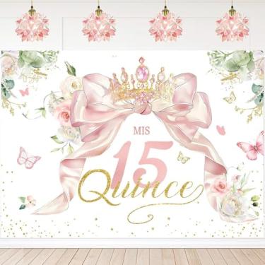 Imagem de InMemory Quinceanera Mis Quince Pano de fundo de aniversário de 15 anos para meninas, laço floral dourado e rosa, princesa, 15 anos, tema de aniversário, decoração de festa, banner, sessão de fotos