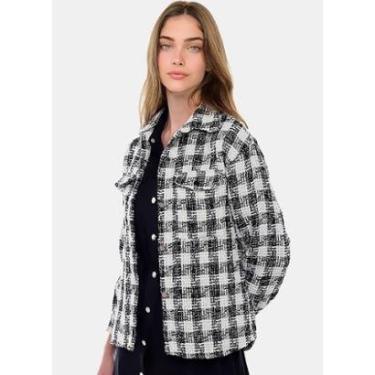 Imagem de Jaqueta Xadrez Preta Feminina de Lã Tweed com Bolsos tamanho:G;cor:-Feminino