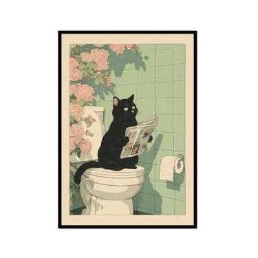 Imagem de Tela de arte de parede de banheiro japonês com gatos lidos jornal pôster de flores abstratas impressões de animais engraçados pintura zen minimalista decoração de banheiro spa para casa de banho