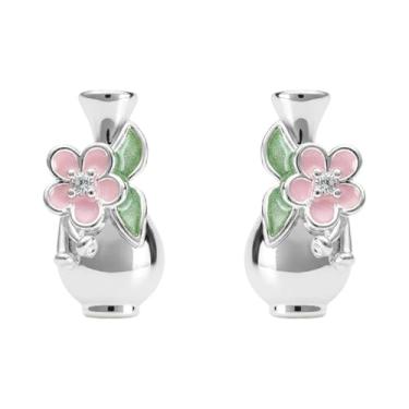 Imagem de Brincos femininos fofos de vaso de flor rosa CZ S925 prata esterlina S925 exclusivo cristal esmaltado floral folha verde brincos festa feriado festa baile fantasia jóias todos os dias