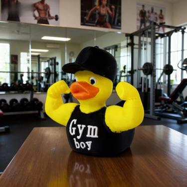 Imagem de 1 estátua de pato de borracha preta e amarela para academia - Figura divertida de fitness com braços musculosos, decoração de academia de plástico durável para casa (amarelo)