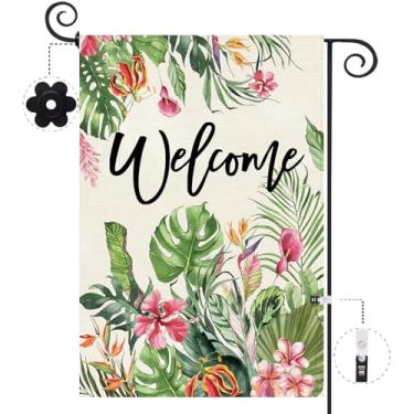 Imagem de Baccessor Bandeira de jardim tropical de verão 30 x 45 cm serapilheira dupla face, folha de bananeira, palmeira monstera, bem-vinda, bandeira de jardim frontal, decoração externa