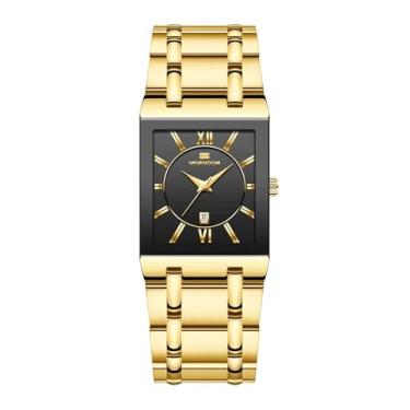 Imagem de Relógio Masculino Aço Inoxidável Dourado e Preto, Á Prova D´água, Mostrador Retangular com Números Romanos, Data