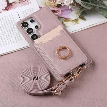 Imagem de Capa carteira com alça transversal, compartimentos para cartões, suporte integrado e design de anel para Samsung Galaxy S25 Edge, S24 FE, S23 Ultra e S22 Plus, na cor roxa.