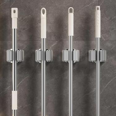 Imagem de Conjunto de 4 peças de ganchos de esfregão montados na parede com parafusos; suporte de vassoura de cozinha; suporte de esfregão de parede; ganchos de parede para armazenamento de ferramentas ao ar