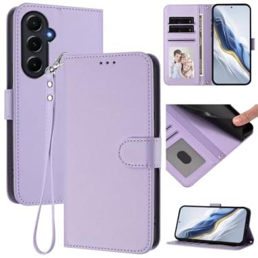 Imagem de Capa carteira para Samsung Galaxy A55 5G, capa fina de couro com compartimentos para cartões, alça de pulso e suporte, capa protetora à prova de choque para homens e mulheres (roxo claro)