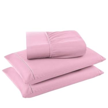 Imagem de Jogo De Lençol Com 3 Peças, Fronha Com Ponto Palito, Tecido Suave(Rosa,Casal)