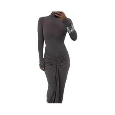 Imagem de Vestido Feminino O-Neck De Manga Longa Com Pregas E Detalhes Franzidos