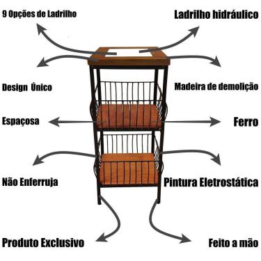 Imagem de Fruteira De Ferro E Madeira 2 Andares Com Ladrilho Hidráulico Artesanal Ladrilho B4