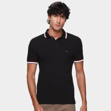 Imagem de Camisa Polo Tommy Hilfiger Slim Fit Cuff Interest Masculina, Preto, GG