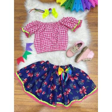 Imagem de Conjunto Meninas Junino Rosa Xadrez Cropped Mini Saia Azul - Banana Cl