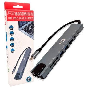 Imagem de Hub Adaptador F3, Type-C 8 em 1 para HDMI, Type-C, USB 3.0, Cartão Micro SD, Cartão SD, PD (Power Delivery até 87W), Lan RJ-45 -JC-TYC-860