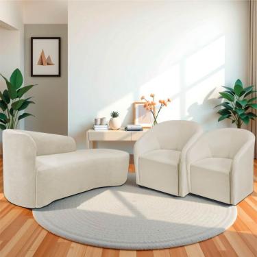 Imagem de Kit Sofá Curvo França 140cm Ld, E 2 Poltronas Luiza Max Conforto, Elegância E Design Moderno Bouclé Bege