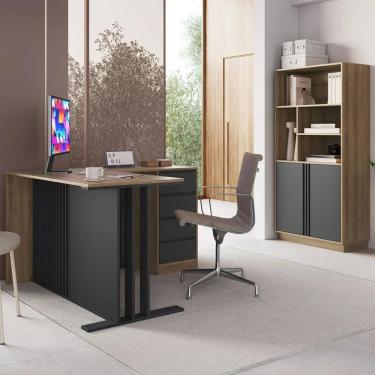 Imagem de Escrivaninha Em L E Estante 2 Portas Rael Mel/grafite F10 - Mpozenato